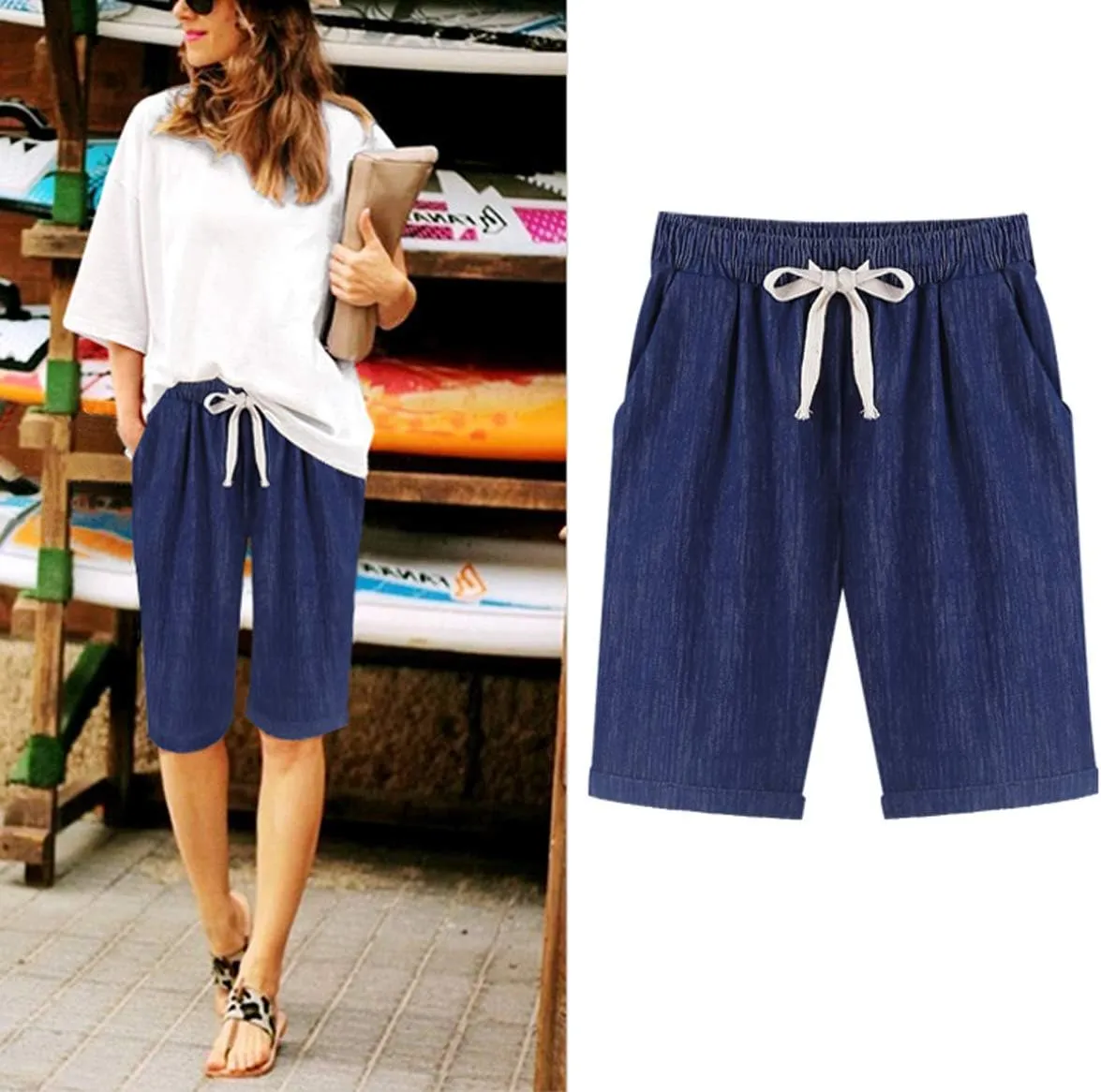 Women's Casual Elastic Waist Comfy Curling Knee Length Bermuda Shorts with Drawstring