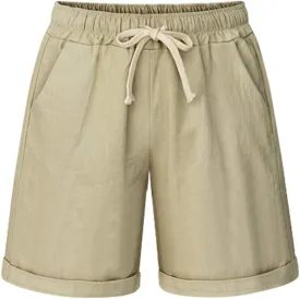 Women's Casual Elastic Waist Comfy Curling Knee Length Bermuda Shorts with Drawstring