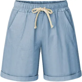 Women's Casual Elastic Waist Comfy Curling Knee Length Bermuda Shorts with Drawstring