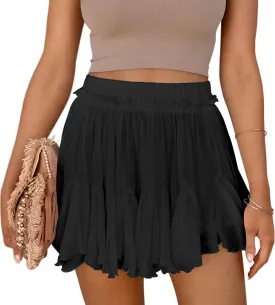 Women's Flowy Shorts Casual Linen Boho Ruffle Mini Skirts Pleated High Waist Cute Butterfly Skorts with Pockets Summer Trendy